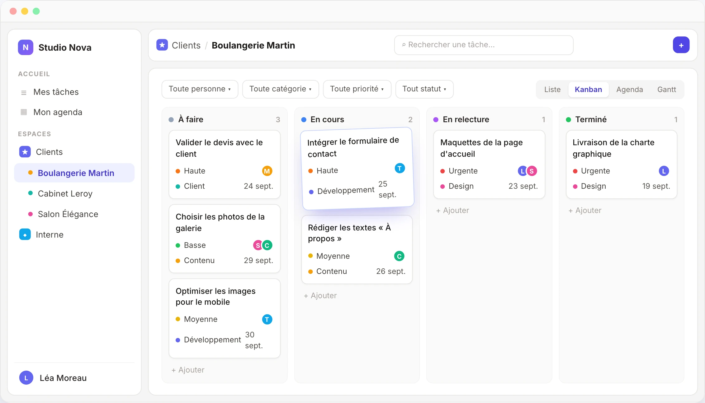 Vue Kanban de Teamly